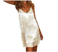NUSGEAR Robe sans manches en plumes à sequins à franges de couleur unie Robe de Femme Sequins Paillettes Couleur Unie sans Manches Bretelles Spaghetti Robe a Frange Cocktail Robe Soirée H Argent