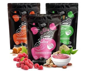 Nustino beurres de cacahuète en poudre Framboise, Caramel Salé, Matcha 3 × 400 g - Alternative légère, riche en protéines, faible en matières grasses, idéale pour recettes saines et gourmandes
