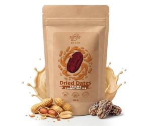 Nustino Bites Caramel Peanut dattes séchées cacahuète caramel 100g | Dattes séchées moelleuses enrobées de beurre de cacahuète en poudre et d'un arôme naturel de caramel gourmand