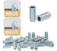 Nutmanel 40pcs Insert Fileté Bois, Manchons à Visser M8x20mm M6x25mm D'écrous Filetés D'insertion Matériau en acier au carbone, Écrou hexagonal fileté en alliage pour Meubles Chaises Lits