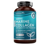 Collagene Marin + Acide Hyaluronique 1400mg avec Vitamine C Vitamine E Biotine Zinc et Cuivre - 120 Comprimés pour 2 Mois, Collagene et Acide Hyaluronique pour Hydratation de la Peau - Nutravita