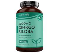Nutravita Ginkgo Biloba 6000 mg Complément Alimentaire - 365 Comprimés Véganes pour 1 An - Ginko Biloba Premium Hautement Dosé - 50:1 Extrait de Hautement Concentré