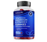 Nutravita Gummies Citrate de Magnésium + Vitamine C - Vegan 2136mg de citrate avec 200mg Mg. Le magnésium contribue à un métabolisme énergétique normal & à réduire la fatigue - Fruits rouges