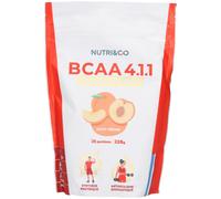 NUTRI & CO BCAA en poudre 4.1.1 enrichi en EAA - Acides Aminés Prise de Masse & Récupération Musculaire - Leucine, Isoleucine, Valine - Vitamine B6 - Boisson - 225g Saveur Pêche - 25 portions Vegan