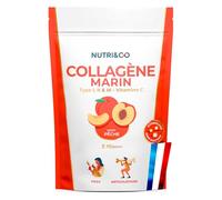 NUTRI & CO Collagene Marin Poudre Types 1, 2, 3 + Vitamine C, Breveté Naticol® & Cartydiss®, Peau Hydratée Soutien Articulaire, Peptides Hydrolysés 2000 DA, 180g Goût Pêche 30jrs, Fabriqué en France