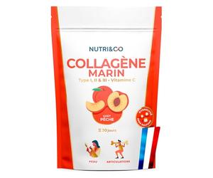 NUTRI & CO Collagene Marin Poudre Types 1, 2, 3 + Vitamine C, Breveté Naticol® & Cartydiss®, Peau Hydratée Soutien Articulaire, Peptides Hydrolysés 2000 DA, 180g Goût Pêche 30jrs, Fabriqué en France