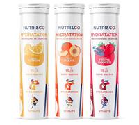 NUTRI & CO Électrolytes Hydratation - 5 Minéraux 4 Vitamines - Sans Sucre ni Édulcorant - Haute Absorption - Triple Goûts - Lot de 3 tubes - 45 comprimés effervescents Vegan Fabriqué en France