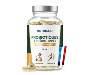 NUTRI & CO Probiotique Flore Intestinale - 60 Milliards UFC/jour - 9 Souches dont 2 Lactobacillus Brevetées - 60 Gélules Gastro-Résistantes aux Enzymes Digestives - Conditionné en France