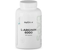 Nutri + L-Arginine Base gélules vegan hautement dosé - fermenté testé en laboratoire - 6000mg d'Arginine pour hommes & femmes - 360 capsules sans stéarate de magnésium ni gélatine