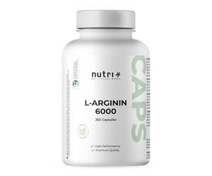 Nutri + L-Arginine Base gélules vegan hautement dosé - fermenté testé en laboratoire - 6000mg d'Arginine pour hommes & femmes - 360 capsules sans stéarate de magnésium ni gélatine