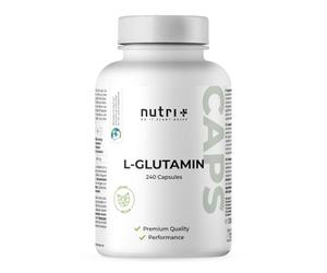Nutri + L-Glutamine gelule végétalienne + hautement dosée - 240 Mega Caps - 750mg pure L-Glutamine par capsule - dosage le plus élevé - Glutamine végétal - sans additifs