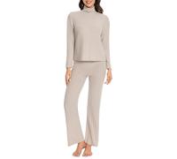 Nutria Ensemble de pyjama pour femme rayé en micropolaire à manches longues avec col haut, vêtement de nuit doux pour femmes, pyjama élastique pour l'automne et l'hiver, sous-vêtement et vêtements de