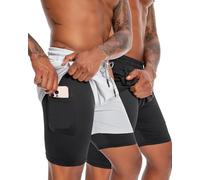 Nutria Lot de 2 shorts de course pour homme 13 cm Légers et à séchage rapide, respirant (polyester-élasthane) 2en1 pour fitness, gym et sport avec poches zippées et passant pour serviette U19, Noir +