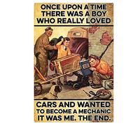 Nutriate Plaque en métal vintage « Once Upon A Time There was A Boy Who Really Loved Cars and Wanted to Become A Mechanic, Love Cars » - Décoration murale vintage amusante pour salle de bain - 20,3 x