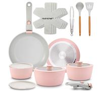 NutriChef Ensemble d'Ustensiles de Cuisine en Céramique de 18 Pièces avec Poignées Détachables, Casseroles et Poêles Antiadhésives, Revêtement Céramique Naturel sans PTFE, Design Gain de Place