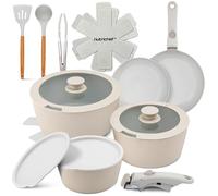 NutriChef Ensemble d'Ustensiles de Cuisine en Céramique de 18 Pièces avec Poignées Détachables, Casseroles et Poêles Antiadhésives, Revêtement Céramique Naturel sans PTFE, Design Gain de Place