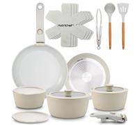 NutriChef Ensemble d'Ustensiles de Cuisine en Céramique de 18 Pièces avec Poignées Détachables, Casseroles et Poêles Antiadhésives, Revêtement Céramique Naturel sans PTFE, Design Gain de Place