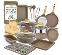NutriChef Batterie de Cuisine 22 Pièces Marbre Marron - Casseroles, Poêles Antiadhésives et Ustensiles Résistants à la Chaleur - Collection Pro
