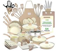 NutriChef Batterie de Cuisine 54 Pièces - Set Complet Poêles et Casseroles Céramiques Antiadhésives avec Couvercles et Ustensiles, Tous Feux Induction Gaz Électrique - Marron Taupe