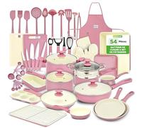 NutriChef Batterie de Cuisine 54 Pièces - Set Complet Poêles et Casseroles Céramiques Antiadhésives avec Couvercles et Ustensiles, Tous Feux Induction Gaz Électrique - Rose Blush