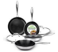 NutriChef Batterie de Cuisine - 7 Pièces - Poêles Inox Antiadhésif DAKIN - Petites, Moyennes et Grandes Poêles avec Couvercles - Compatibles Tous Feux