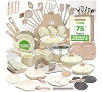 NutriChef Batterie de Cuisine 75 Pièces - Casseroles Antiadhésives, Ustensiles, Couteaux & Accessoires - Anti-Taches, Sécurité Alimentaire - Crème/Marron