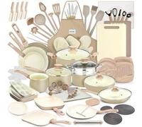 NutriChef Batterie de Cuisine 75 Pièces - Casseroles Antiadhésives, Ustensiles, Couteaux & Accessoires - Anti-Taches, Sécurité Alimentaire - Crème/Marron