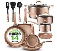 NutriChef Batterie de cuisine antiadhésive de 14 pièces - Casseroles et poêles résistantes aux rayures avec couvercles et ustensiles, pour toutes les tables de cuisson (marron)