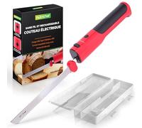 NutriChef Couteau Électrique de Cuisine - Couteau à Découper pour Viande, Volaille, Pain et Fromage, Lames en Acier, Modèle Sans Fil, Bouton Sécurité ON/OFF, Rouge