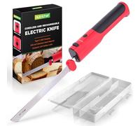 NutriChef Couteau Électrique de Cuisine - Couteau à Découper pour Viande, Volaille, Pain et Fromage, Lames en Acier, Modèle Sans Fil, Bouton Sécurité ON/OFF, Rouge