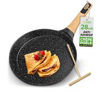 NutriChef Crêpière Antiadhésive 28 cm - Poêle à Crêpes Induction avec Répartiteur Bois, Revêtement Marbre, Manche en Bakélite & Bois, Facile à Nettoyer, Résistante aux Taches (Marbre Noir)