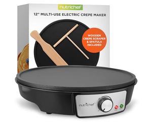 NutriChef Crêpière Électrique 30 cm - Plaque en Aluminium Antiadhésive avec LED, Thermostat Réglable, Spatule Bois et Râteau Inclus