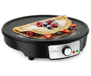 NutriChef Crêpière Électrique 30 cm - Plaque en Aluminium Antiadhésive avec LED, Thermostat Réglable, Spatule Bois et Râteau Inclus