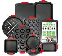 NutriChef Ensemble de 10 pièces de moules à pâtisserie en acier - Ensemble de plaques de cuisson en acier au carbone avec poignées en silicone rouges résistantes à la chaleur, sûr jusqu'à 450°F,