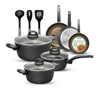 NutriChef Ensemble de 12 Pièces de Batterie de Cuisine Antiadhésive - Ensemble de Casseroles et Poêles en Aluminium Durci Anodisé pour Maison-Inclut Casserole,Poêles,Faitout, Couvercles, Ustensiles