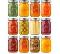 NutriChef Ensemble de 12 Pots Mason - 473 ml - avec Couvercles Hermétiques et Banderoles - Idéal pour la Préparation de Repas, Flocons d'Avoine, Confiture, Miel, Bougies, Bricolage, Cadeaux