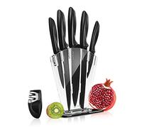 NutriChef Ensemble de Couteaux de Cuisine 7 Pièces - Ensemble de Couteaux de Cuisine en Acier Inoxydable avec 5 Couteaux et Aiguiseur Bonus, Support en Acrylique - Pour Couper, Trancher