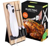 NutriChef Ensemble de couteaux électriques portables avec lames à pain et coupe, support en bois, taille unique, blanc (4 pièces)