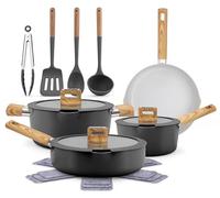 NutriChef Ensemble de Cuisine Céramique 14 Pièces Induction - Batterie de Cuisine Antiadhésive Aluminium Répartition Uniforme de la Chaleur Couvercles en Verre Poignées Toucher Froid Noir