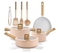NutriChef Ensemble de Cuisine en Céramique - Antiadhésif - 14 Pièces - Pots et Poêles Compatibles avec Induction - Couvercles en Verre -Poignées au Toucher Froid - Rose