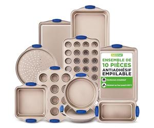NutriChef ensemble de cuisson antiadhésif 10 pièces - acier au carbone avec poignées en silicone, comprend plaque à pizza, moule à pain, moules à muffins, moules ronds et plaques à biscuits