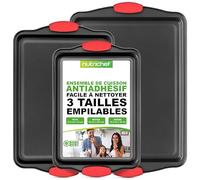 NutriChef Ensemble de Plaques de Cuisson - Plaques à Pâtisserie Antiadhésive - Plateau À Four de Haute Qualité - Ustensiles de Cuisson en Métal - Noir avec Poignées en Silicone Rouges