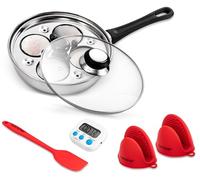 NutriChef Ensemble de poêles à œufs pochées en acier inoxydable de 20 cm avec 4 tasses à pocher antiadhésives, couvercle en verre, minuterie, gant de four et spatule pour œufs pochés parfaits