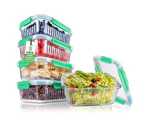 NutriChef Ensemble de Récipients de Conservation de Nourriture 5 Pièces - 35,86 oz Contenants Empilables en Verre Premium pour Préparation des Repas avec Couvercle Anti-Fuite, Sans BPA 100% Étanche