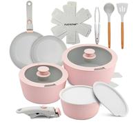NutriChef Ensemble d'Ustensiles de Cuisine en Céramique de 18 Pièces avec Poignées Détachables, Casseroles et Poêles Antiadhésives, Revêtement Céramique Naturel sans PTFE, Design Gain de Place
