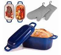 NutriChef Faitout ovale en fonte émaillée de 25 cm pour la cuisson du levain avec couvercle, chaleur uniforme pour pain artisanal, passe au four, bleu