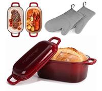 NutriChef Faitout ovale en fonte émaillée de 25 cm pour la cuisson du levain avec couvercle, chaleur uniforme pour pain artisanal, passe au four, rouge