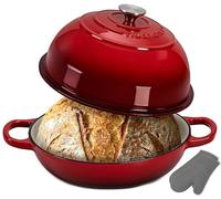 NutriChef Four à pain en fonte émaillée de 25,9 cm, moule à levain en forme de dôme avec poignées et gants en silicone, passe au four jusqu'à 260 °C, passe au lave-vaisselle (rouge)