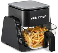 NutriChef Friteuse à Air avec Gril 1500W - Air Fryer à Bol en Verre Transparent 4L et Gril 1,2L, Double Niveau, 8 Programmes, Friteuse Sans Huile Frites, Ailes, Steaks, Noir