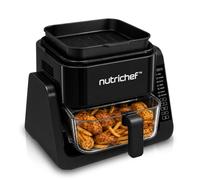 NutriChef Friteuse à Air avec Gril 1500W - Air Fryer à Bol en Verre Transparent 4L et Gril 1,2L, Double Niveau, 8 Programmes, Friteuse Sans Huile Frites, Ailes, Steaks, Noir